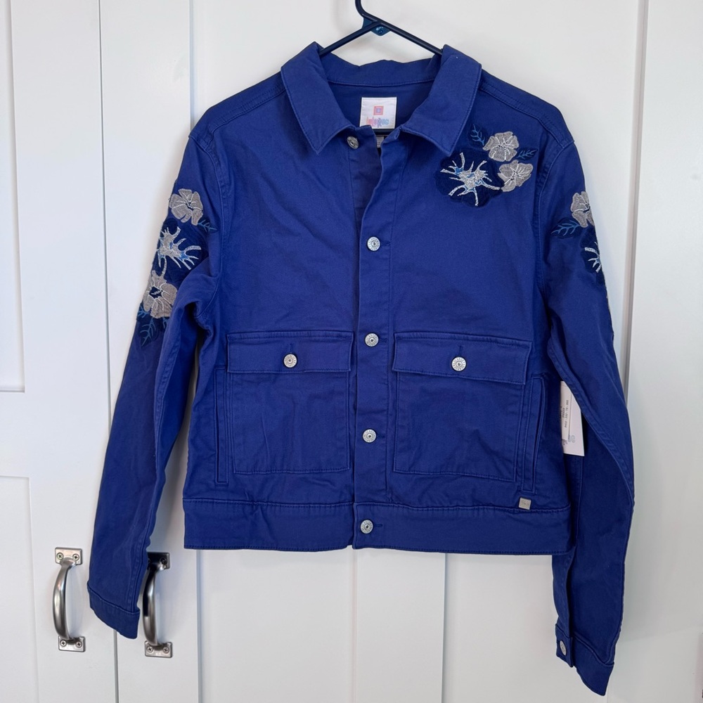 NWT LuLaRoe Kenny Blue Jacket Embroidered Flowers Women’s Large Boho Art to Wear